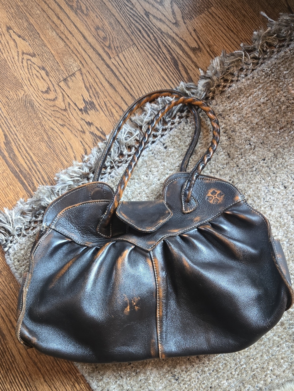 Patricia Nash Distressed Black Leather Shoulder Bag with Braided Straps